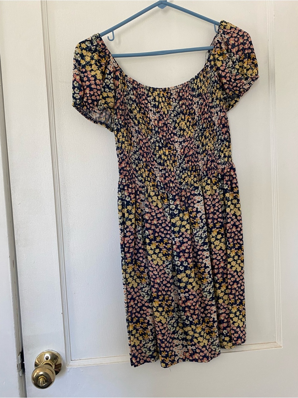 AUW Navy Floral Off-Shoulder Top with Pink & Yellow Blossoms